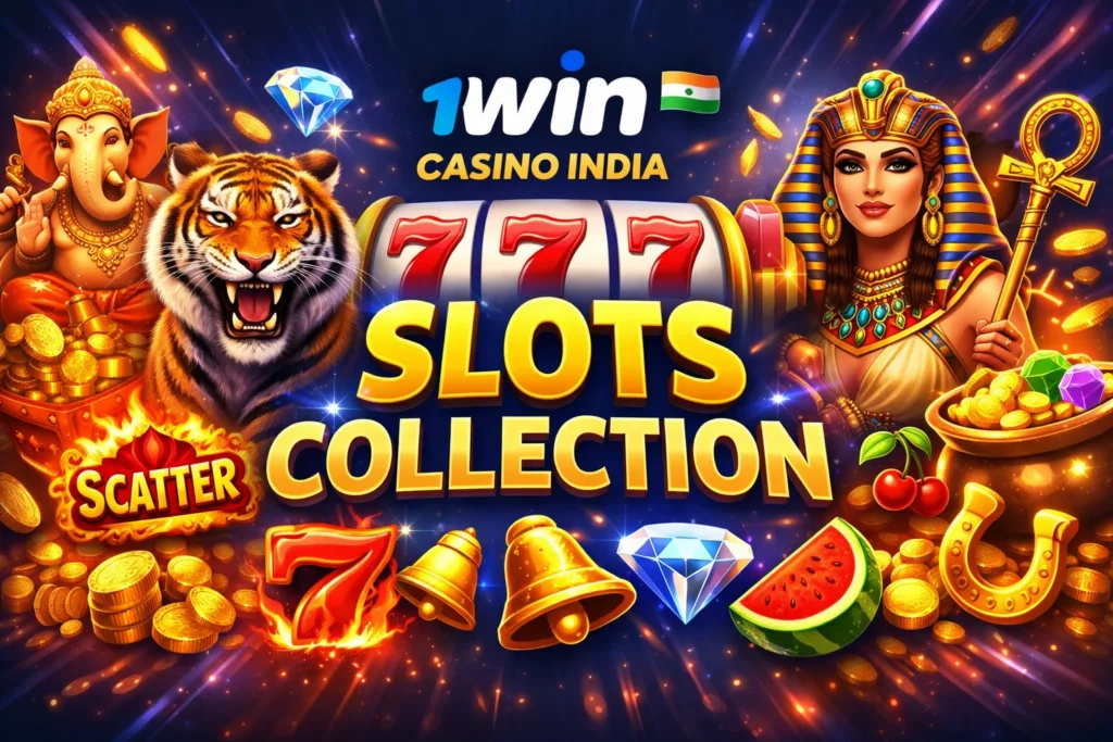 1win India casino slots advertisement showcasing a vibrant collection of slot games with symbols like 777, bells, watermelon, horseshoe, diamond, cherries, and golden coins, featuring a fierce tiger, Lord Ganesha statue, Cleopatra queen with ankh staff, glowing scatter effects, and the large '1win CASINO INDIA' logo with 'SLOTS COLLECTION' text in yellow and blue against a dark sparkling background